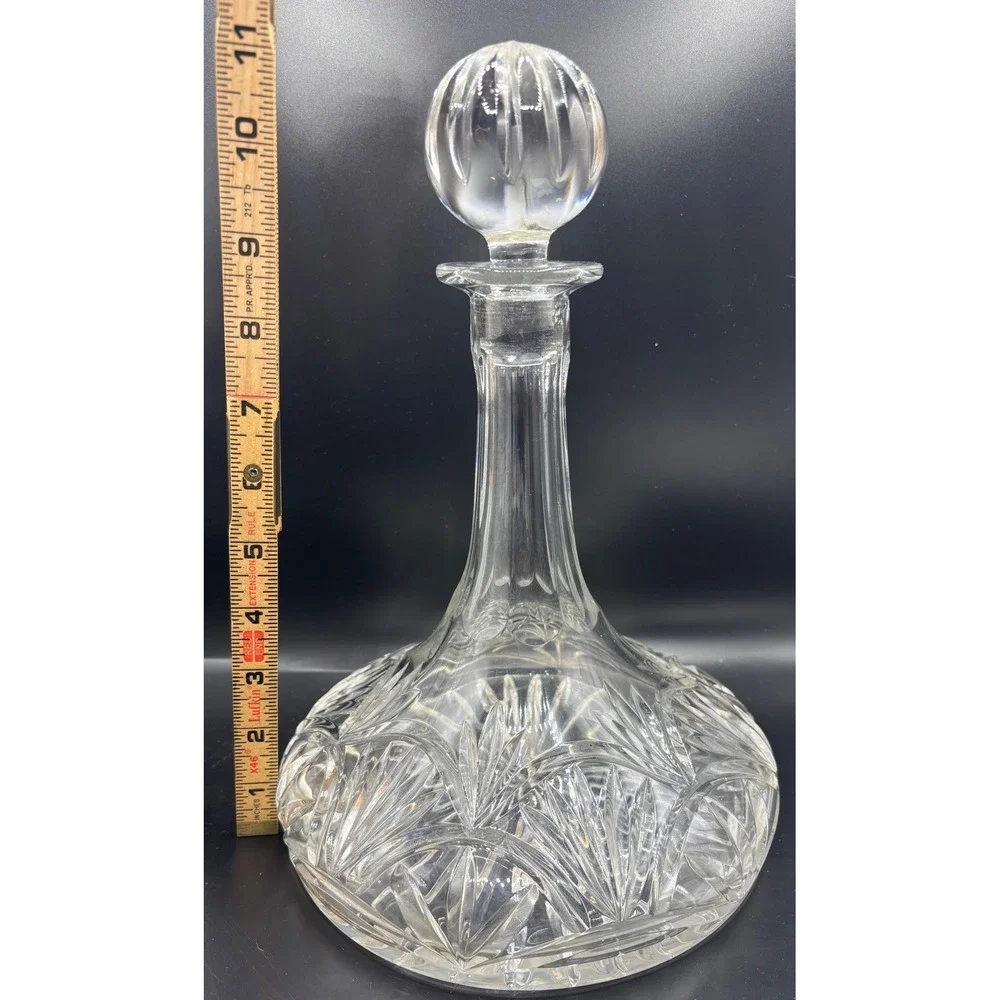 Vintage Glass Ships Decanter‎ with Faceted Ball Stopper 11 Inch Clear Glass